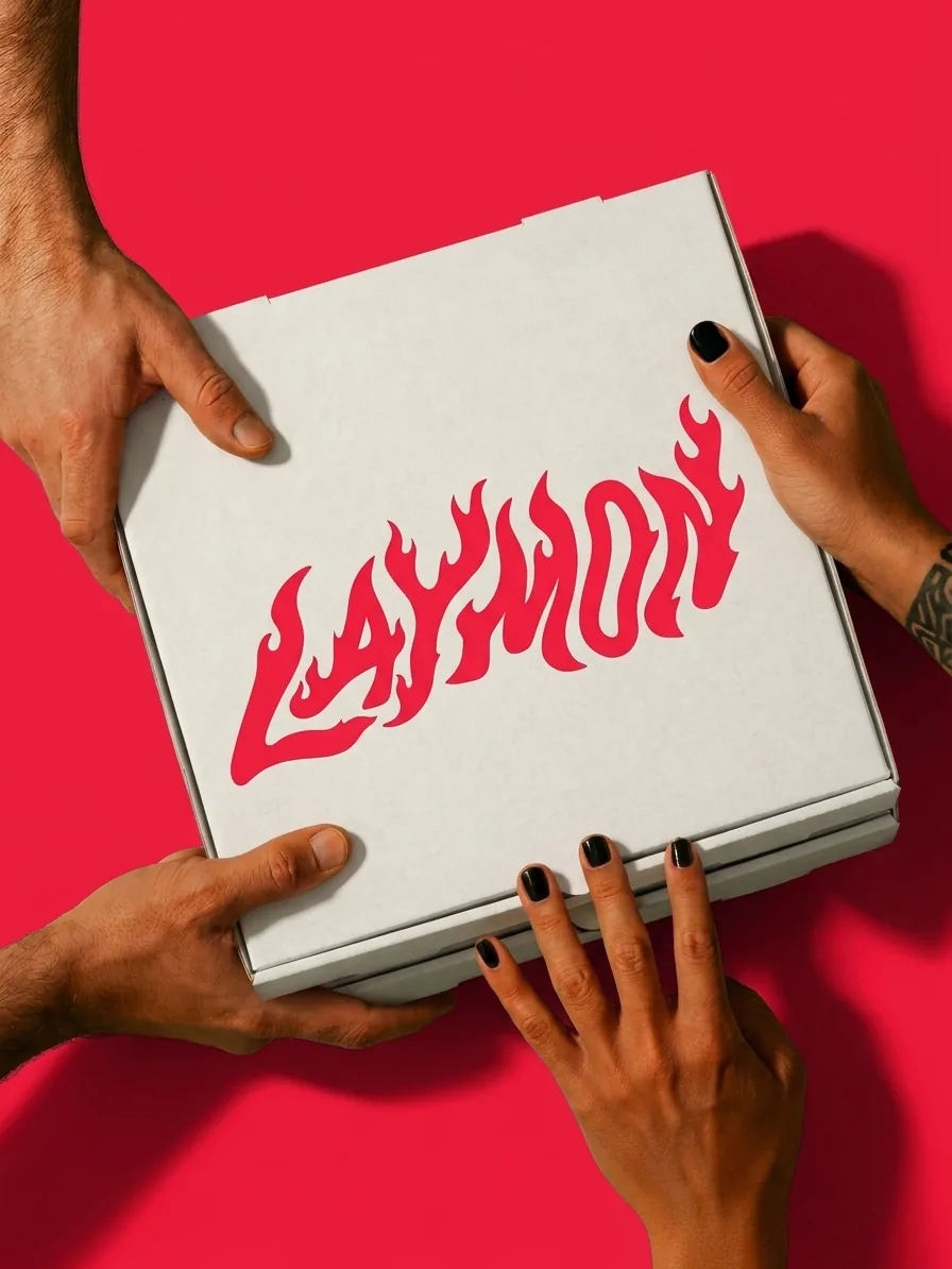 Dos personas sostienen una caja de pizza blanca con el logo Laymon en rojo